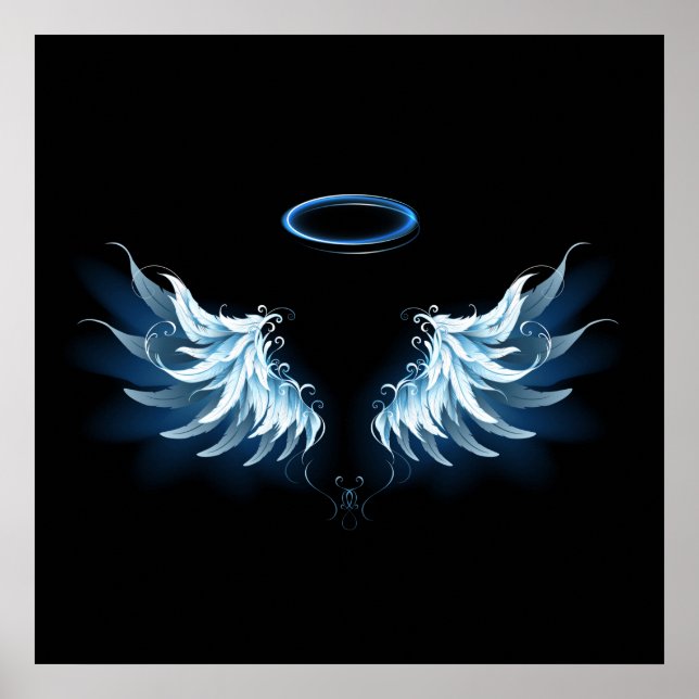 Blue Glowing Angel Wings on black background Poster (Front)