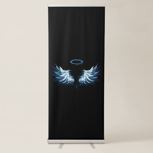 Blue Glowing Angel Wings on black background Retractable Banner (Front)