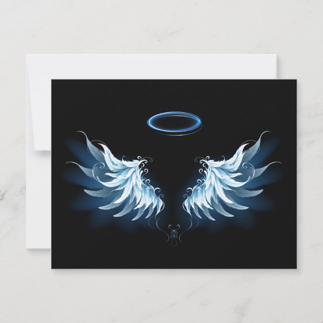 Blue Glowing Angel Wings on black background Save The Date (Front)
