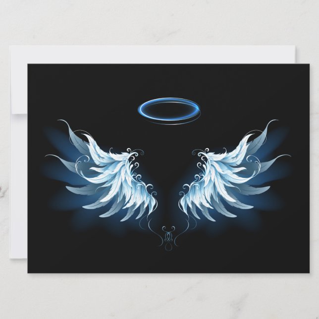 Blue Glowing Angel Wings on black background Save The Date (Front)