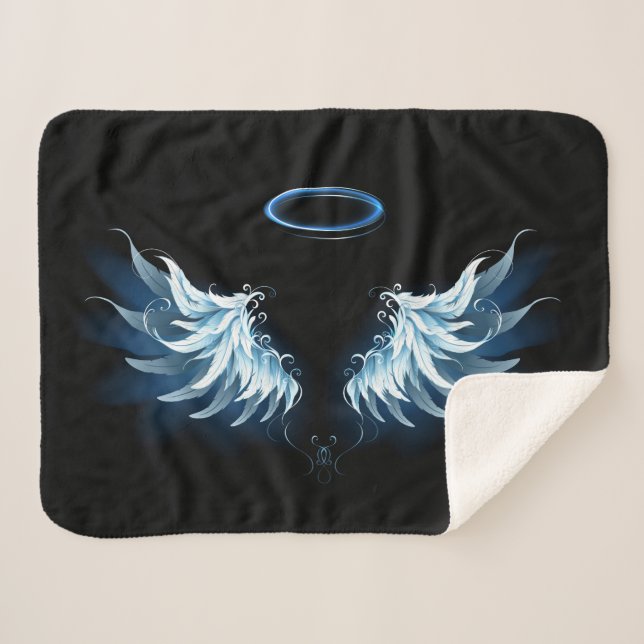 Blue Glowing Angel Wings on black background Sherpa Blanket (Front (Horizontal))