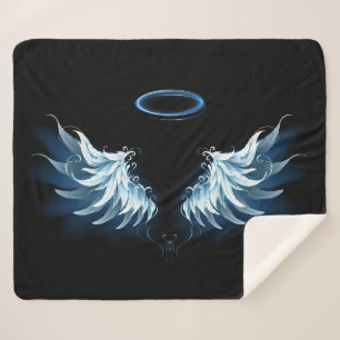 Blue Glowing Angel Wings on black background Sherpa Blanket