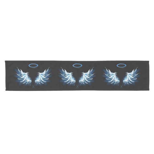 Blue Glowing Angel Wings on black background Short Table Runner (Horizontal)
