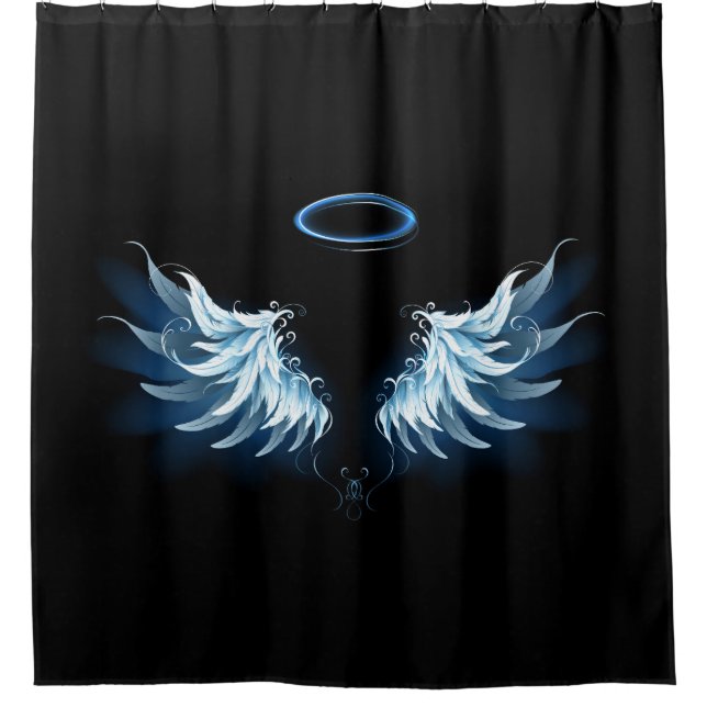 Blue Glowing Angel Wings on black background Shower Curtain (Front)