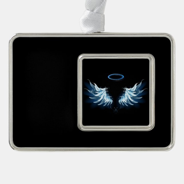 Blue Glowing Angel Wings on black background Silver Plated Framed Ornament (Front)