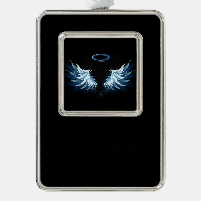 Blue Glowing Angel Wings on black background Silver Plated Framed Ornament (Front)