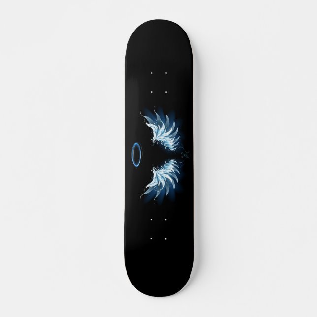 Blue Glowing Angel Wings on black background Skateboard (Front)