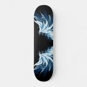 Blue Glowing Angel Wings on black background Skateboard