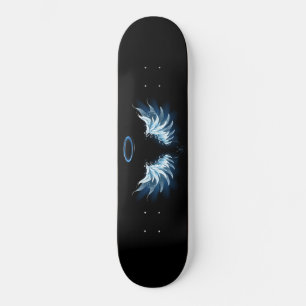 Blue Glowing Angel Wings on black background Skateboard