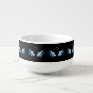 Blue Glowing Angel Wings on black background Soup Mug
