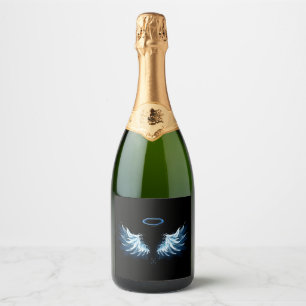 Blue Glowing Angel Wings on black background Sparkling Wine Label