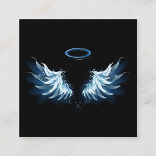 Blue Glowing Angel Wings on black background Square Business Card