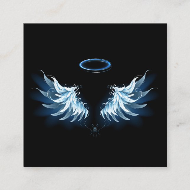 Blue Glowing Angel Wings on black background Square Business Card (Front)