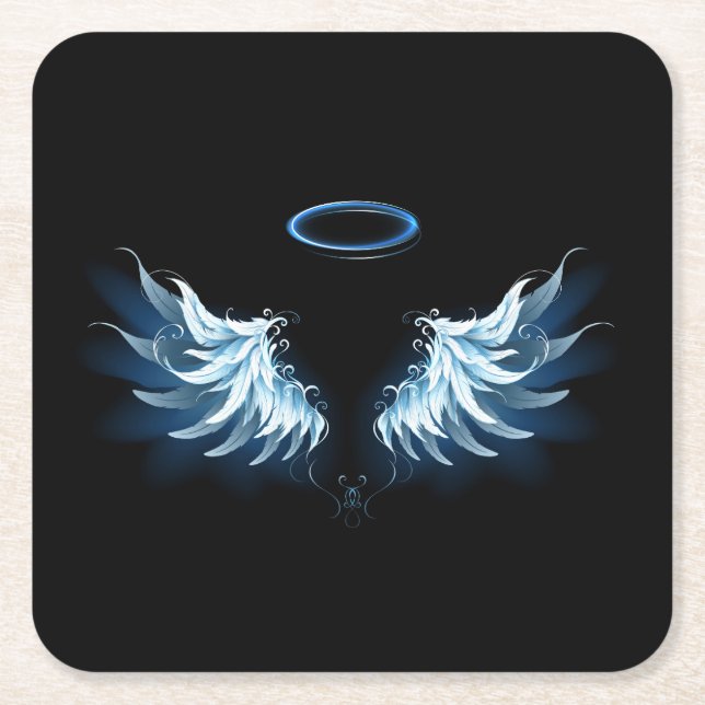 Blue Glowing Angel Wings on black background Square Paper Coaster (Front)