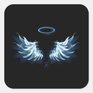 Blue Glowing Angel Wings on black background Square Sticker