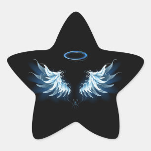 Blue Glowing Angel Wings on black background Star Sticker