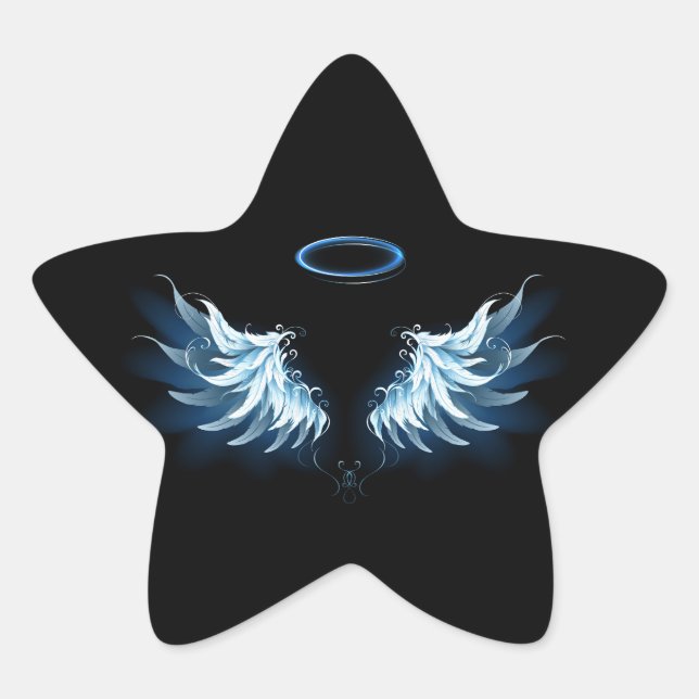 Blue Glowing Angel Wings on black background Star Sticker (Front)