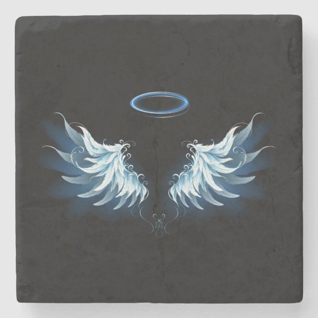 Blue Glowing Angel Wings on black background Stone Coaster (Front)