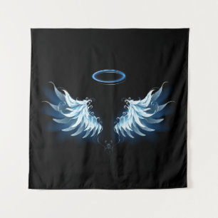Blue Glowing Angel Wings on black background Tapestry
