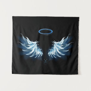Blue Glowing Angel Wings on black background Tapestry