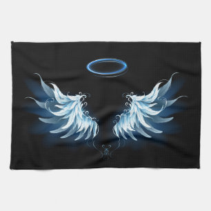 Blue Glowing Angel Wings on black background Tea Towel