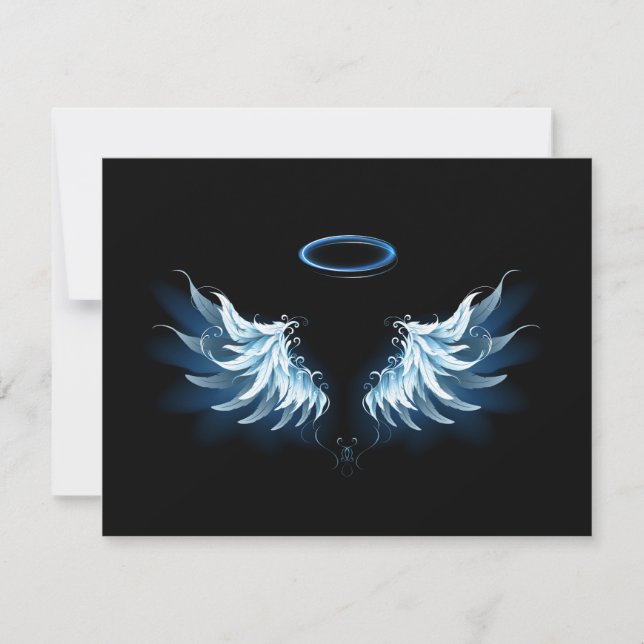 Blue Glowing Angel Wings on black background Thank You Card (Front)