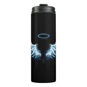 Blue Glowing Angel Wings on black background Thermal Tumbler