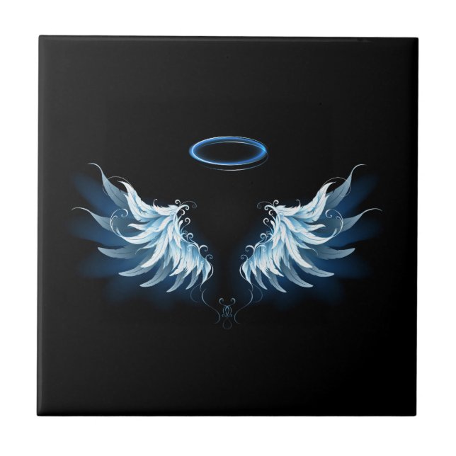 Blue Glowing Angel Wings on black background Tile (Front)
