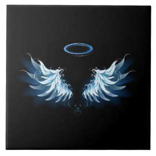 Blue Glowing Angel Wings on black background Tile