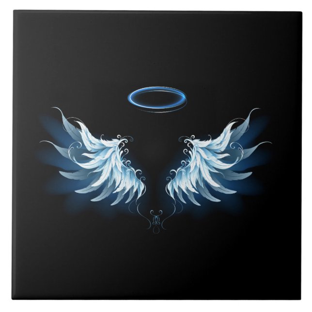 Blue Glowing Angel Wings on black background Tile (Front)