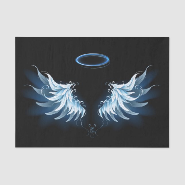 Blue Glowing Angel Wings on black background Tissue Paper (Front)