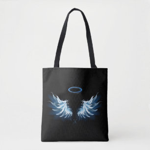 Blue Glowing Angel Wings on black background Tote Bag