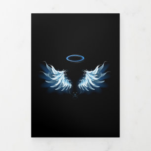 Blue Glowing Angel Wings on black background Tri-Fold Card