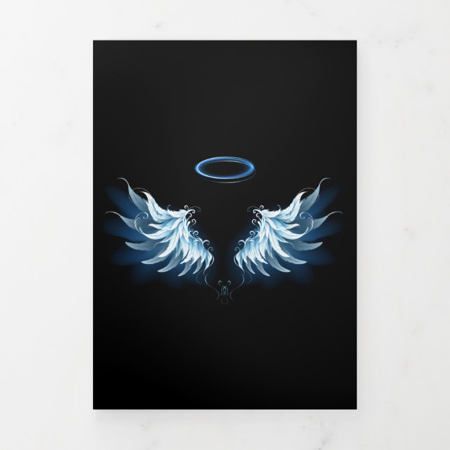 Blue Glowing Angel Wings on black background Tri-Fold Holiday Card (Cover)