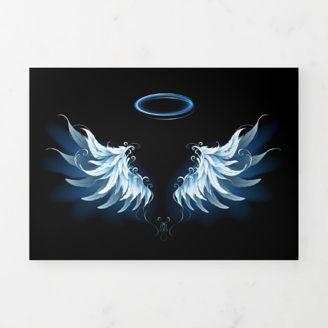 Blue Glowing Angel Wings on black background Tri-Fold Holiday Card (Cover)