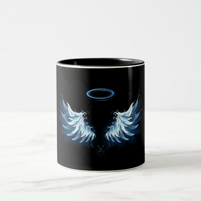 Blue Glowing Angel Wings on black background Two-Tone Coffee Mug (Center)