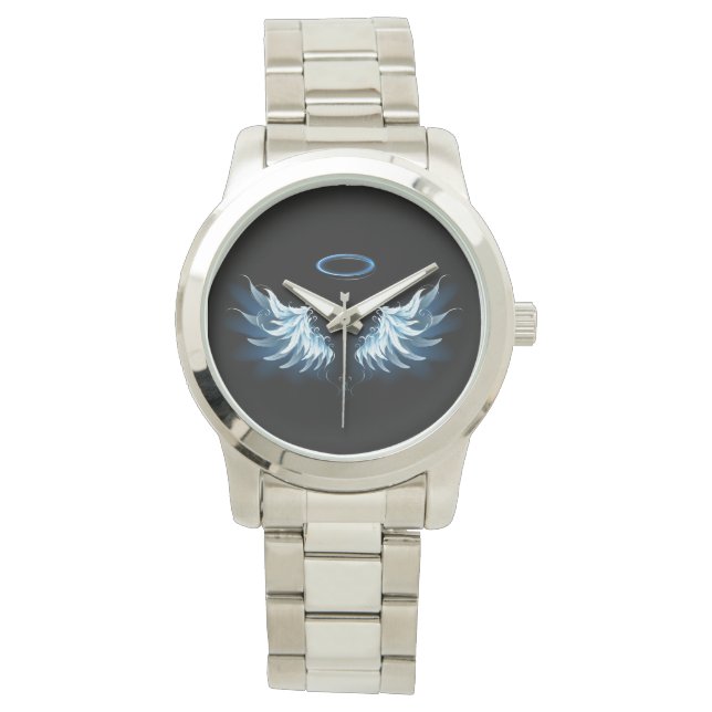 Blue Glowing Angel Wings on black background Watch (Front)