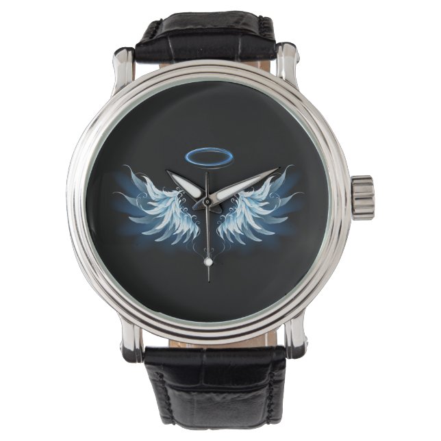 Blue Glowing Angel Wings on black background Watch (Front)