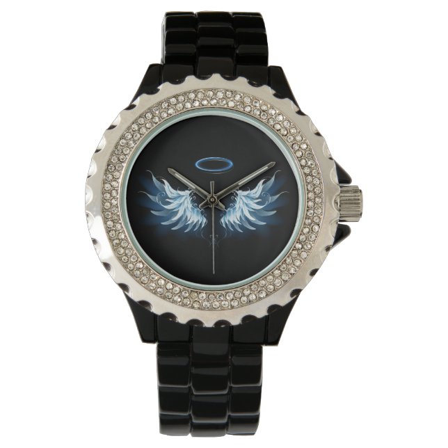 Blue Glowing Angel Wings on black background Watch (Front)