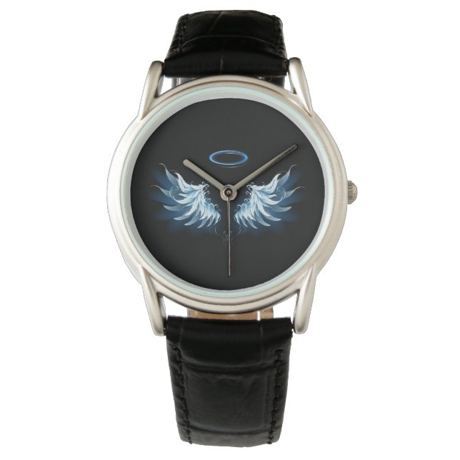 Blue Glowing Angel Wings on black background Watch (Front)