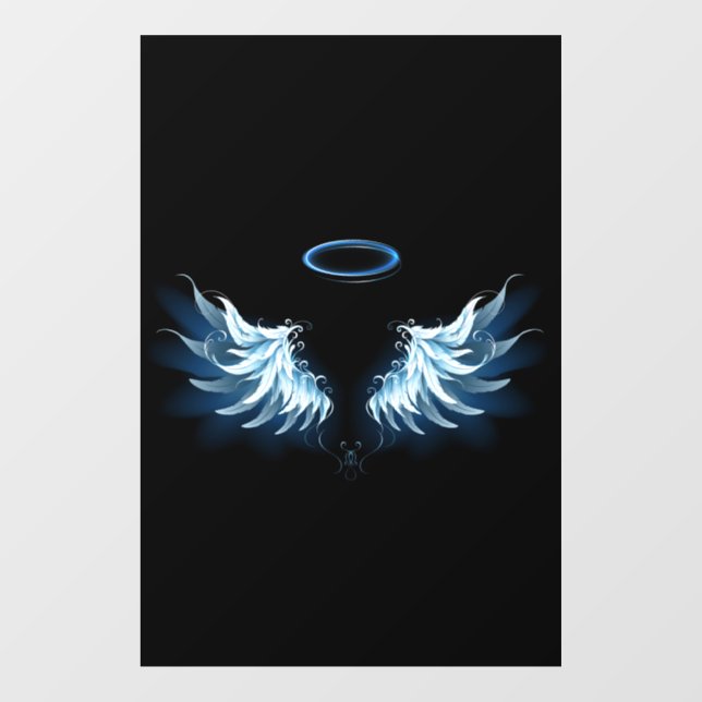 Blue Glowing Angel Wings on black background Window Cling (Sheet)