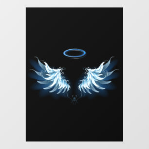 Blue Glowing Angel Wings on black background Window Cling