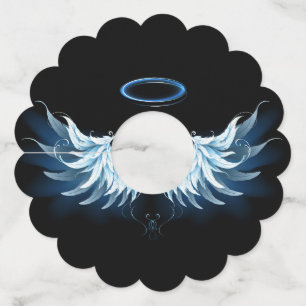 Blue Glowing Angel Wings on black background Wine Glass Tag
