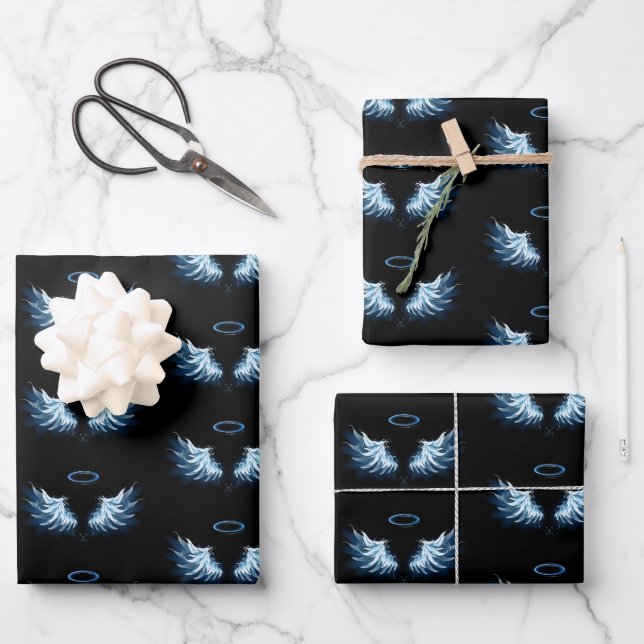 Blue Glowing Angel Wings on black background Wrapping Paper Sheet (Front)