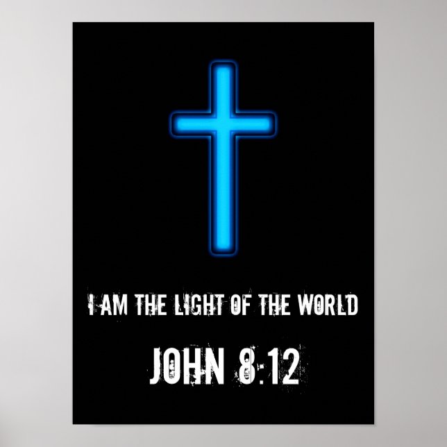 Blue Glowing Cross Poster With Scripture (Front)