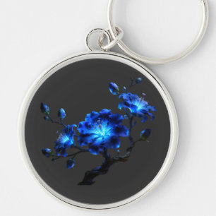 Blue Glowing Floral Branch Round Keychain