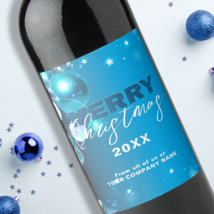 Blue Glowing Ornaments Corporate Christmas Wine Label