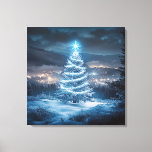 Blue Glowing Winter Night Christmas Tree Canvas Print