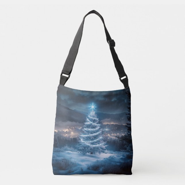 Blue Glowing Winter Night Christmas Tree Crossbody Bag (Front)