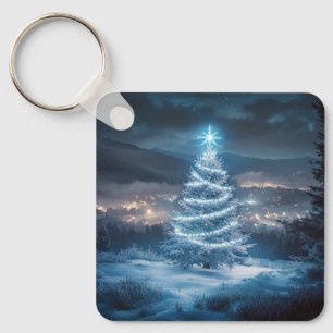 Blue Glowing Winter Night Christmas Tree Key Ring